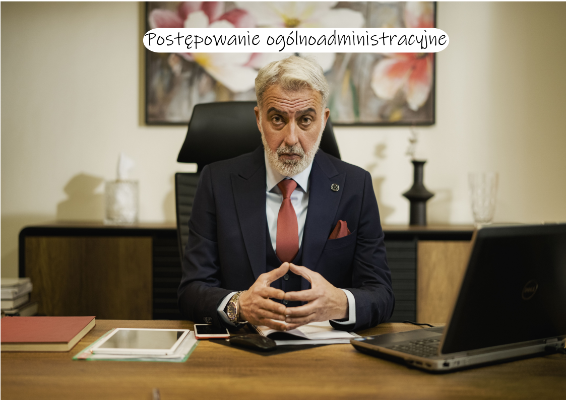 Postępowanie ogólnoadministracyjne – urzędnik siedzący za biurkiem w gabinecie podczas prowadzenia sprawy administracyjnej.